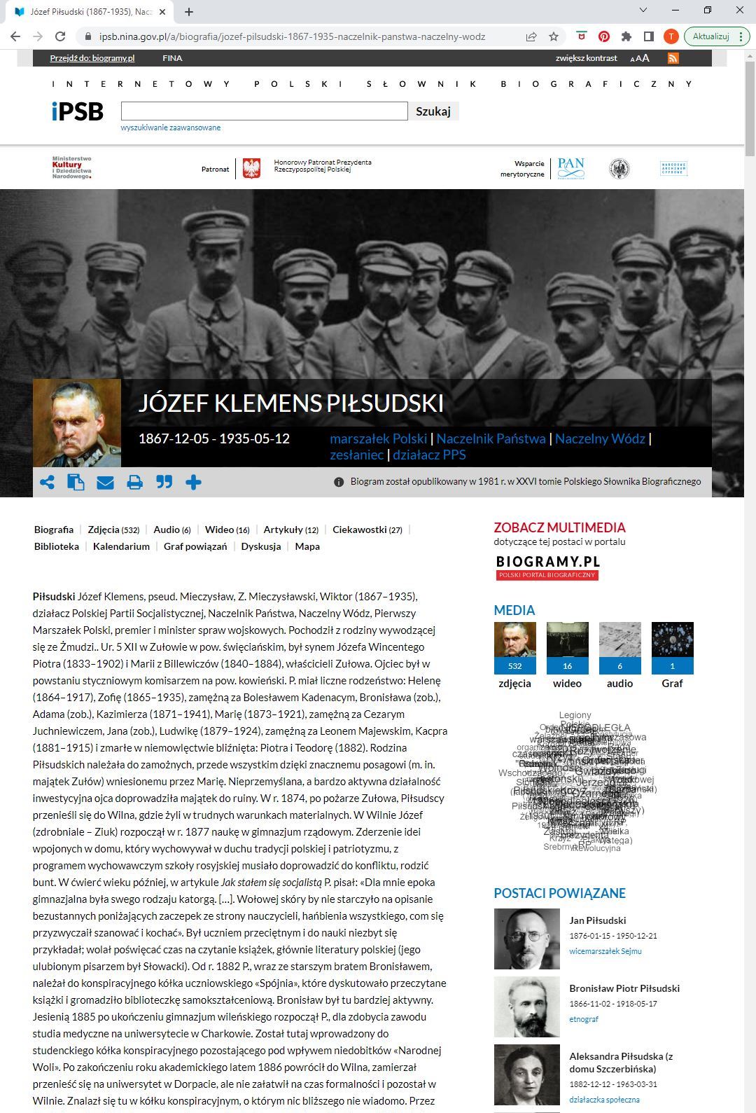 Karta personalna Józefa Piłsudskiego w serwisie biogramy.pl.  